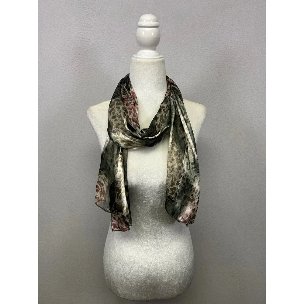 Boho Chic Animal Print Womens OS Green Brown Sheer Rectangular Scarf
